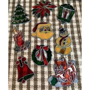 Christmas Stained Glass Suncatchers 9 Vintage Holly Bells Tree Candle Cat Santa
